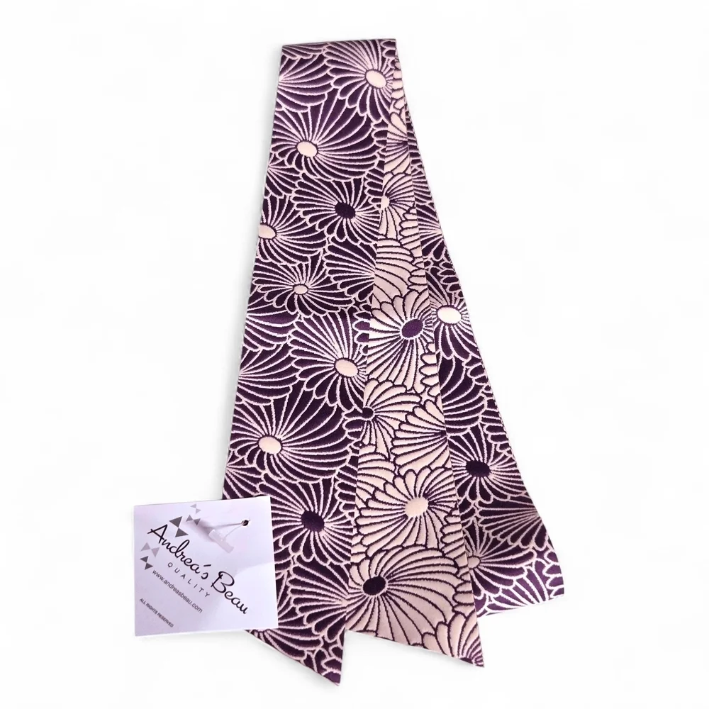 Purple and Cream Floral Hair Scarf / Neck Tie NEW With Tag